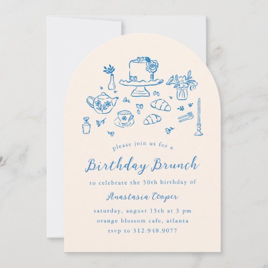 Whimsical Hand getrokken Verjaardag Brunch Tea Par Kaart (Voorkant)
