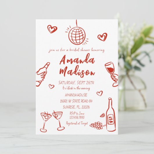 Whimsical Hand getrokken Wijn Bruids Douche Uitnod Kaart (Staand voorkant)