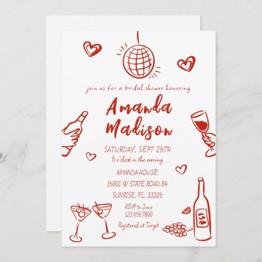 Whimsical Hand getrokken Wijn Bruids Douche Uitnod Kaart (Voorkant / Achterkant)