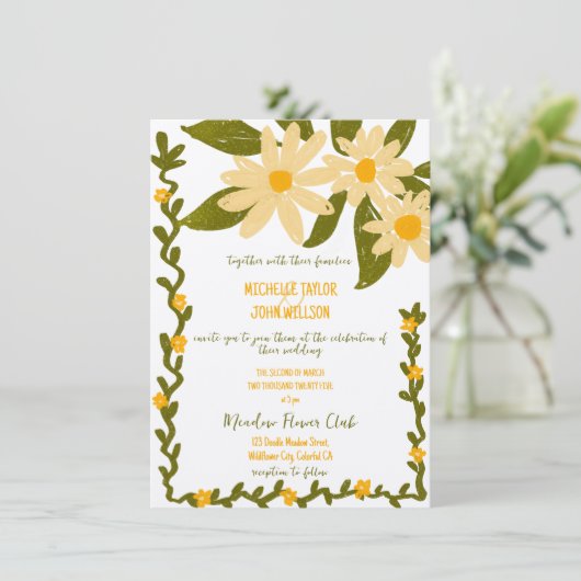 Whimsical Hand getrokken Wildflower Meadow Daisy Kaart (Staand voorkant)