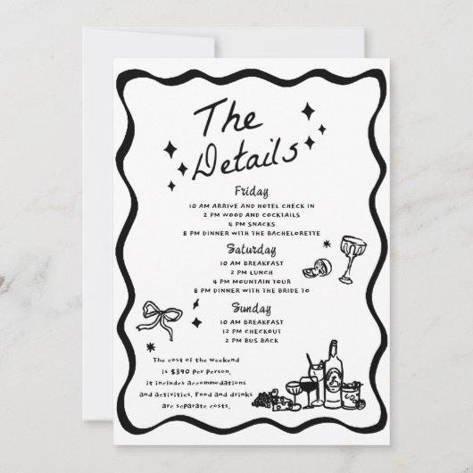 Whimsical Hand Getrokken Zwarte Cocktail Bachelore Kaart (Achterkant)