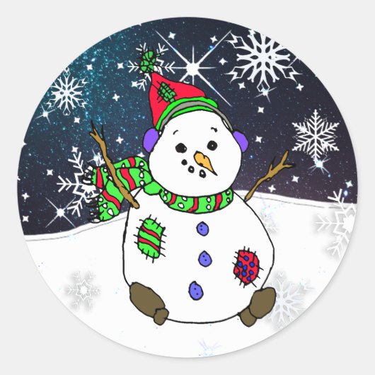 Whimsical Hand heeft Snowman op een Sterrennacht g Ronde Sticker (Voorkant)