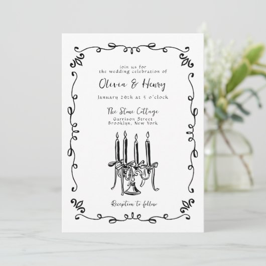 Whimsical Hand Lettered Bow Candelabra Wedding Kaart (Staand voorkant)