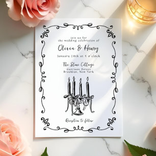 Whimsical Hand Lettered Bow Candelabra Wedding Kaart