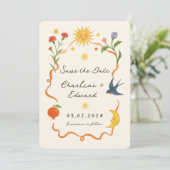 Whimsical Hand-Painted Handgeschreven Zon en Maan Save The Date (Staand voorkant)