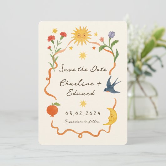Whimsical Hand-Painted Handgeschreven Zon en Maan Save The Date (Staand voorkant)