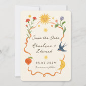 Whimsical Hand-Painted Handgeschreven Zon en Maan Save The Date (Voorkant)