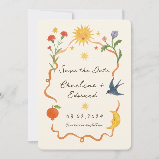 Whimsical Hand-Painted Handgeschreven Zon en Maan Save The Date (Voorkant)