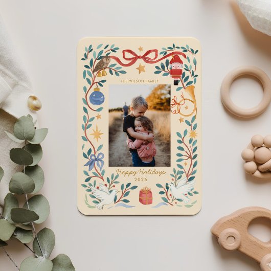 Whimsical Hand-Painted Holiday Photo Card Kaart