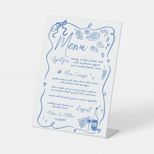 Whimsical Hand Tekening Doodles Wedding Menu Reclamebord Met Voetstuk (Voorkant)