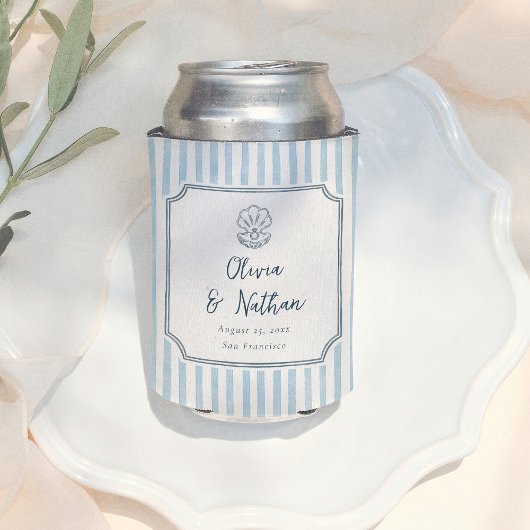 Whimsical Handdrawn Retro Blue Stripes Wedding Blikjeskoeler