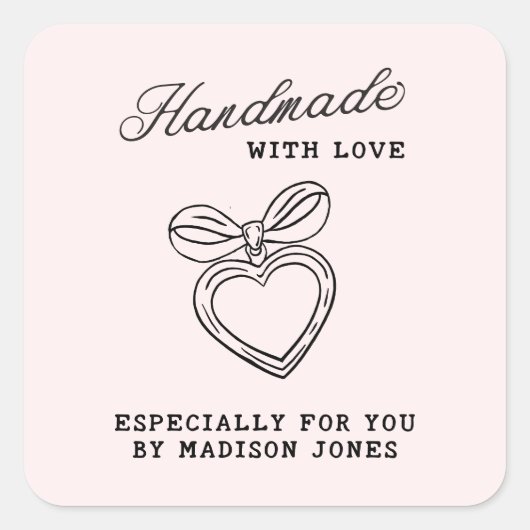 Whimsical Handgemaakt met Liefde Script Hart Boog Vierkante Sticker (Voorkant)