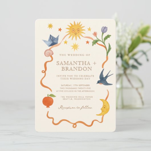 Whimsical handgeschilderd Bloemen Folk Wedding Kaart (Staand voorkant)