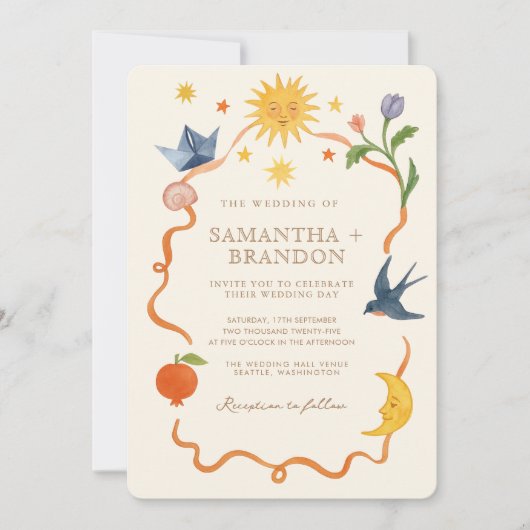 Whimsical handgeschilderd Bloemen Folk Wedding Kaart (Voorkant)