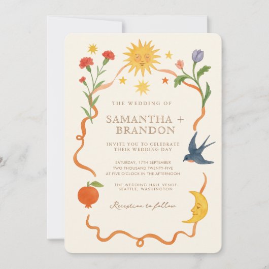 Whimsical handgeschilderd Hemelse Folk Wedding Kaart (Voorkant)