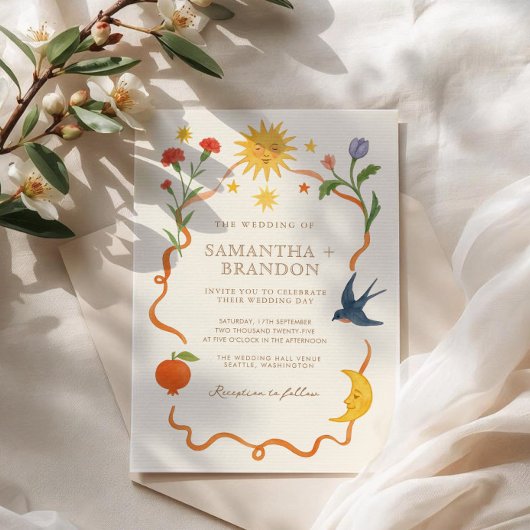Whimsical handgeschilderd Hemelse Folk Wedding Kaart