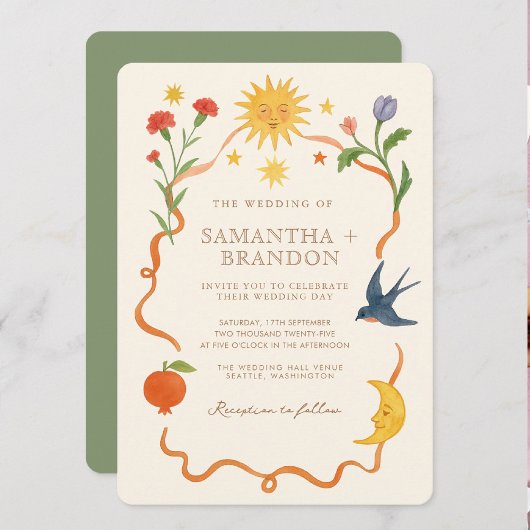 Whimsical handgeschilderd Hemelse Folk Wedding Kaart