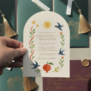 Whimsical handgeschilderd Hemelse Folk Wedding Kaart