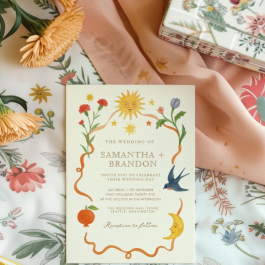 Whimsical handgeschilderd Hemelse Folk Wedding Kaart