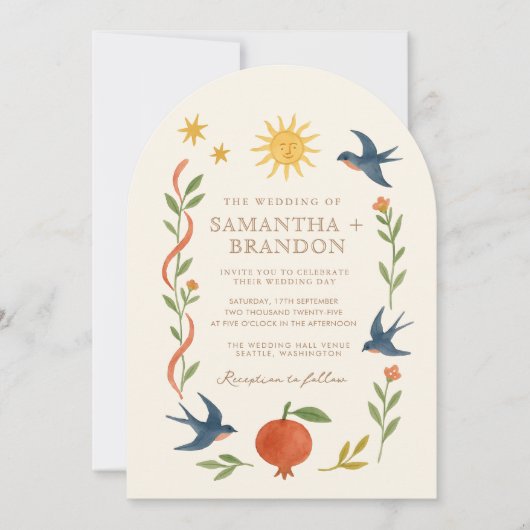 Whimsical handgeschilderd Hemelse Folk Wedding Kaart (Voorkant)