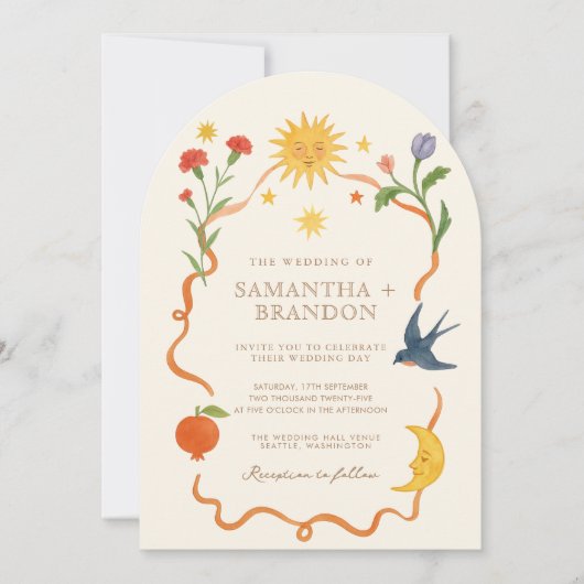 Whimsical handgeschilderd Hemelse Folk Wedding Kaart (Voorkant)