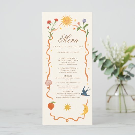 Whimsical handgeschilderd Hemelse Folk Wedding Menu (Staand voorkant)