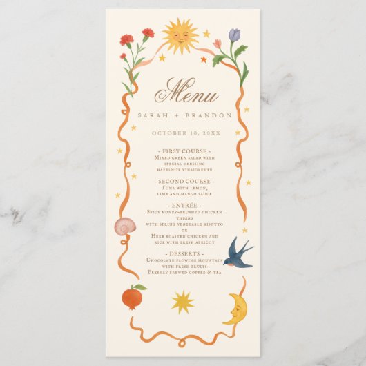 Whimsical handgeschilderd Hemelse Folk Wedding Menu (Voorkant)