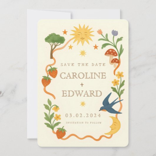 Whimsical handgeschilderd Hemelse Folk Wedding Save The Date (Voorkant)