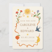 Whimsical handgeschilderd Hemelse Folk Wedding Save The Date (Voorkant)