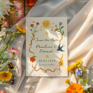 Whimsical handgeschilderde handgeschreven zon en m save the date