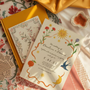 Whimsical handgeschilderde tekening bruiloft kaart