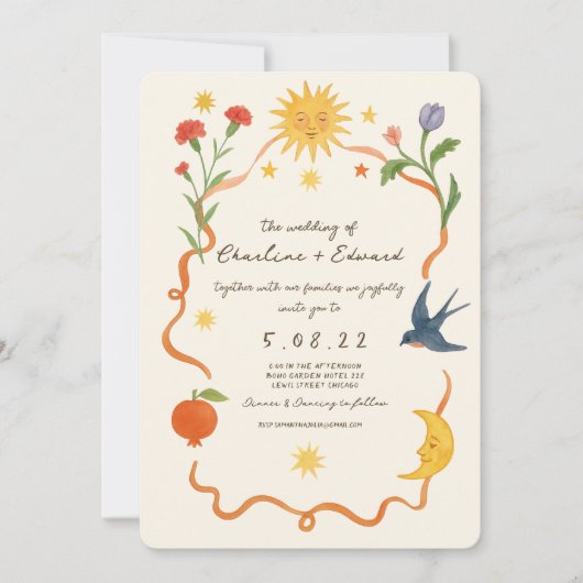 Whimsical Handgeschilderde Zon en Maan bruiloft Kaart (Voorkant)