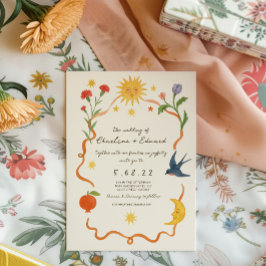 Whimsical Handgeschilderde Zon en Maan bruiloft Kaart