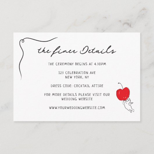 Whimsical Handgeschreven Cherry Bruiloft Details Informatiekaartje (Voorkant)