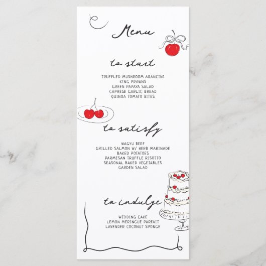 Whimsical Handgeschreven Cherry Theme Bruiloft Menu (Voorkant)