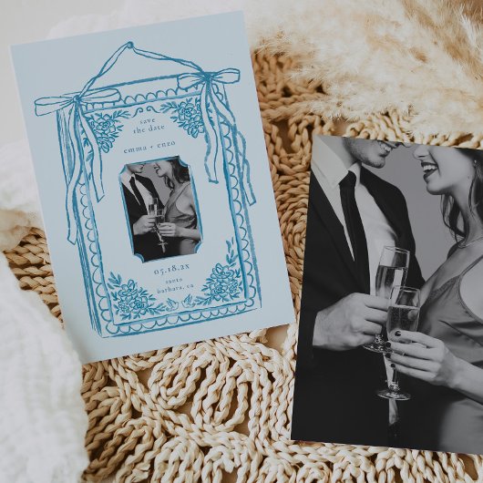 Whimsical Handgetekend Save the Date Blauwe Foto Kaart
