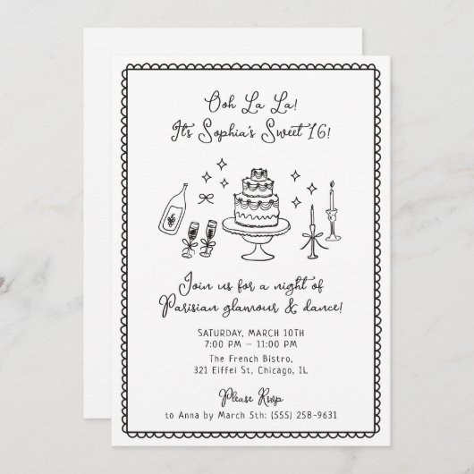 Whimsical, handgetekend, Sweet 16, Verjaardagsfees Kaart (Voorkant / Achterkant)