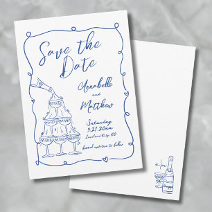 Whimsical Handgetekende Blauwe Bruiloft Save The Date