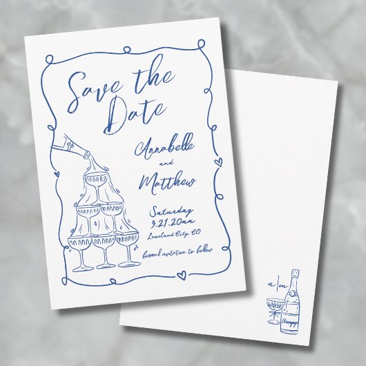 Whimsical Handgetekende Blauwe Bruiloft Save The Date