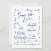 Whimsical Handgetekende Blauwe Bruiloft Save The Date (Voorkant)