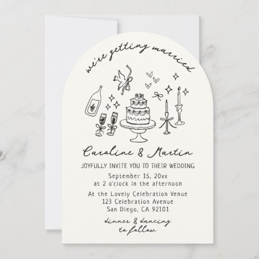 Whimsical, handgetekende bruiloft kaart (Voorkant)