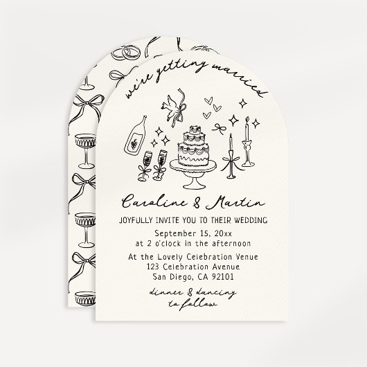 Whimsical, handgetekende bruiloft kaart