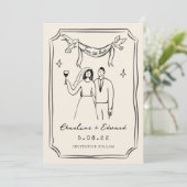 Whimsical handgetekende Doodle Save The Date (Staand voorkant)