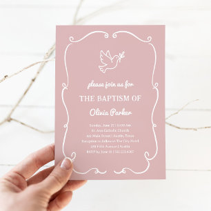 Whimsical Handgetekende Duif Roze Doop Kaart