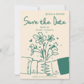 Whimsical Handgetekende Groene Bloemige Trouw Save The Date (Voorkant)