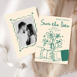 Whimsical Handgetekende Groene Bloemige Trouw Save The Date