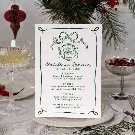 Whimsical Handgetekende Groene Strik Kerst Diner Menu