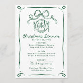 Whimsical Handgetekende Groene Strik Kerst Diner Menu (Voorkant)