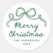 Whimsical Handgetekende Groene Strik Prettig Kerst Ronde Sticker (Voorkant)