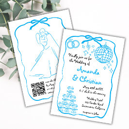Whimsical handgetekende krabbelblauwe strik bruilo kaart